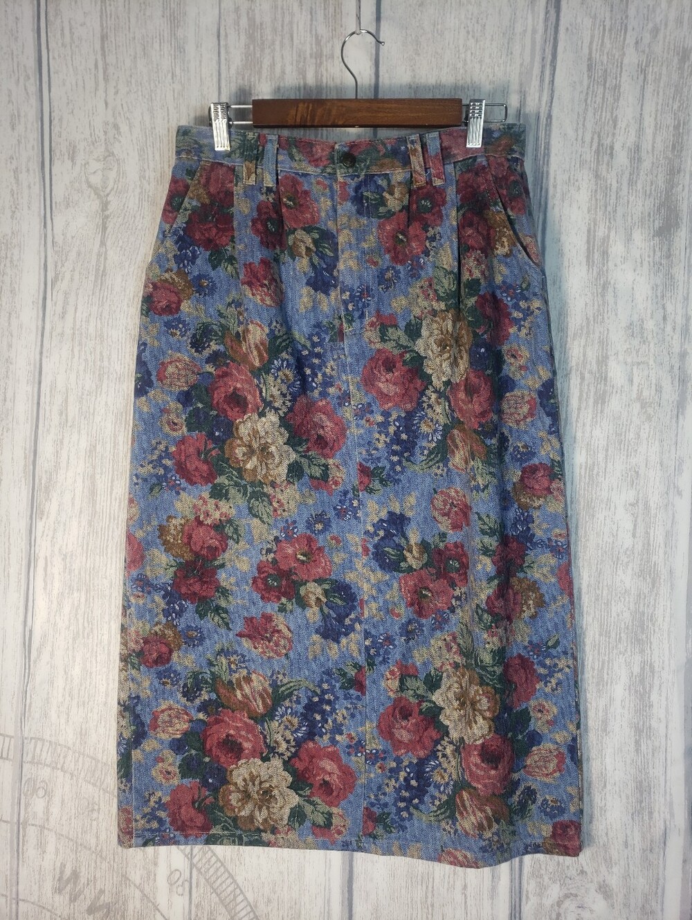 Vtg 80s 90s Vivaldi Jeanswear denim floral midi skirt Pockets Size 14 B29